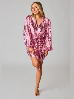NWT BUDDY LOVE PINK SEQUIN ADELINE WRAP DRESS - Size Medium SKU:569
